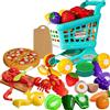IZDUDO Giocattolo da Taglio per Bambini, 24 Pezzi Set di Cibo Finto Accessori Cucina con Frutta, Verdura, Pizza e Carrello, Giochi di Ruolo Giocattolo Educativo per Figli 3+ Anni