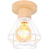 iDEGU Plafoniera Vintage Industriale, Lampada da Soffitto in Legno e Metallo Bianco Gabbia Geometrica 16cm Retro E27 Lampadario Soffitto Interni per Corridoio Camera da Letto Cucina Sala (1 Pezzo)