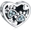 CRISNATA Cucciolo Cane Zampa Stampa Charms con March Birthstone, si adatta al braccialetto Pandora Animal, 925 perline in argento Sterling Aqua Crystal Pawprint Heart, regali per gli amanti degli animali