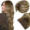 LaaVoo Extension Capelli Veri Clip, Balayage Marrone Scuro a Marrone Chiaro e Biondo, 60cm 150g 7pcs, Capelli Veri Umani, Lunga Durata, per Cerimonie Importanti, Colore 3-8-24