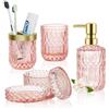 YIK TUNG Set di accessori da bagno, 5 pezzi, set di decorazioni da bagno in vetro, include dispenser di sapone, portasapone, portaspazzolino, bicchiere e barattolo, regalo vintage (rosa)