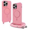 BGHHEU Magnetica Cover per iPhone 16 Pro Max con Cordino,[Compatible con Magsafe],Custodia Silicone con Regolabile Collana Sottile Morbida Case,Rosa