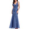 Generic Abito da sera con coda di pesce, ricamato, senza maniche, con scollo a V, per matrimonio, damigella d'onore, serata, lungo fino a terra, banda, ballo, abito da ballo da donna, glitter, Celeste., S