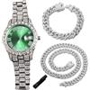 Genkigold Orologio con Diamanti per Ragazzi - Quadrante Rotondo 42mm con Numeri Romani in Verde -Placcato in Platino Cinturino 20cm -Include Strumento di Regolazione,Abbinato a Catene Cubane 18cm+40cm