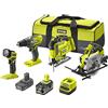 Ryobi - Combo 4 strumenti 18V ONE+: trapano-avvitatore + seghetto alternativo + sega circolare + torcia LED - Viene fornito in borsa per il trasporto con 2 batterie 5 e 2 Ah e 1 caricatore -