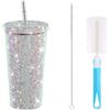 Generic Bicchiere da 750 ml con strass e manico e cannuccia in acciaio inox, con brillantini, con coperchio e spazzola, per donne, viaggi, all'aperto, portatile, alla moda, riutilizzabile, colore argento