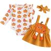 Loalirando Halloween Vestito Neonata 3Pz Completo Bambina Stampa Zucca Pagliaccetto con Manica Volante+ Gonna Bretella Zucca Ricamo Tuta di Halloween Bimba+Fascia (Arancione, 3-6 Months)