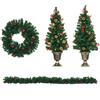 HOMCOM Decorazioni Natalizie con Luci LED e Bacche Rosse, Set 4 Pezzi con 2 Alberelli di Natale Φ40x90 cm, Ghirlanda Natalizia e Corona di Natale