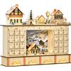 HOMCOM Calendario dell'Avvento in Legno con 24 Cassetti da Riempire, Decorazione con Villaggio di Natale e Luci, 44x10x37cm