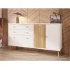 Forte Cassettiera HARLLSON EasyKlix 160 Bianco con Decoro Legno: Rovere Mauvella, Gambe Alte in Legno, Credenza con 2 Cassetti e 3 Ante, Scandinavo, Stile Retro, 160x86x41 cm