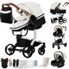 Dziranam Passeggino 3 in 1,Passeggino Trio,Regolabile in altezza con vista panoramica,Passeggino pieghevole,Include Mommy Bag e Marsupio(Bianco)
