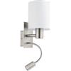 Eglo Lampada da parete a Led Pasteri a due punti luce, acciaio, tessuto, nichel opaco, bianco, E27, incl interruttore e luce di lettura flessibile