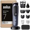 Braun Rifinitore All-In-One Series 7 AIO7565, Rasoio Elettrico Barba E Capelli 13In1 Con Lama ProBlade E Tecnologia AutoSense, 120 Min. Di Autonomia, Pettini Aree Sensibili E Sfumatura, Wet&Dry, Blu
