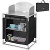 BAKAJI Cucina Armadio Mobiletto Tavolo da Campeggio Picnic, Cucinotto Nero Compatto, Portatile e Pieghevole con Telaio in Alluminio, Borsa per il Trasporto e Scomparti Interni (75 x 49 x 113 cm)