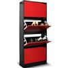 BAKAJI Scarpiera Portascarpe in Legno MDF con 4 Ante Porta Scarpe a Ribalta Maniglie a Scomparsa Doppia Profondità Dimensioni Compatte Slim 63 x 24 x 150 cm Salvaspazio Ingresso Casa (Rosso e Nero)
