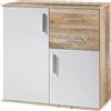 BAKAJI Mobile Madia con 2 Cassetti Doppia Anta e 2 Ripiani Interni Mobiletto Credenza Armadio Multiuso Cucina Bagno Ufficio Design Moderno Dimensioni 82x35x80cm (Bianco e quercia effetto legno)