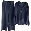 Generic Due pezzi vestito donna tempo libero camicia e pantaloni Co Ord Set Casual Viaggio Lounge Wear Set Manica Lunga Button Down Aeroporto Outfit Collare Tute Set, Marina Militare, XL