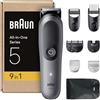 Braun Rifinitore All-in-One Series 5, Rasoio Elettrico Corpo Uomo, Barba E Capelli 9In1 Con Lama Ultra Affilata, Tecnologia SkinGuard Per Il Corpo, 120 Min di Autonomia, AIO5545, Grigio