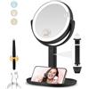 MOMOKUBA Specchio cosmetico con illuminazione, specchio ingranditore 20x, regolabile in altezza su entrambi i lati, specchio cosmetico 3 colori per trucco da tavolo, nero