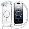 Oelrstfe Magnetica Cover per iPhone 16e 6.1 con Cordino Regolabile, Compatibile con MagSafe,Trasparente Custodia con Collana Tracolla Laccio Collo TPU Silicone Lanyard Case Antiurto, Argentato