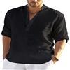Ausla Maglietta da uomo con scollo a V, in lino, elegante, rollup, a maniche lunghe, estive, casual, basic, Nero , XXXL