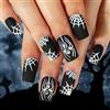 Yatinkim Chiodi finte di Halloween corte nero stampa quadrata sulle unghie ragnatela strass manicure unghie unghie artificiali acrilico per donne ragazze 24pcs