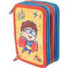 Pryma Astuccio 3 Scomparti, Double face, per Scuola Infanzia Elementari, 21 X 12.5 X 7 Cm, Pieno Con Accessori Scuola e 18 Pennarelli Giotto Turbo Color, 3 Zip (Bimbo Eroe e Dinosauro)
