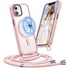 Buoluoioir per Magnetica Cover per Apple iPhone 11 con Cordino, Compatibile con MagSafe, Ultra Sottile Custodia con Laccio Tracolla,TPU Case con Collana per iPhone 11 6.1,Rosa
