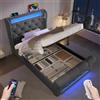 HOXINBLY Letto Singolo 90x200 con LED e USB, Letto Una Piazza e Mezza con Contenitore Idraulico e testiera, Letto Contenitore con doghe, Struttura Letto Singolo in Velluto Grigio(Senza Materasso)