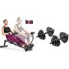 Sunny Health & Fitness Smart Compact Adjustable Rowing Machine, 12 Levels Adjustable Resistance + Exercise Vinyl 18 KG Dumbbell Set Hand Weights for Strength Training, Weight Loss, Workout Bench