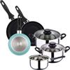 WELL HOME MOBILIARIO & DECORACIÓN Well Home Set di utensili da cucina da 5 pezzi in acciaio inox + 3 padelle Ø16Ø20Ø24 cm blu opaco in alluminio pressato
