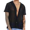 AIEOE Camicia da uomo in pizzo a maniche corte per il tempo libero, maglietta estiva trasparente, Nero , XS
