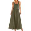 Generic Abito da donna maxi senza maniche estivo con scollo rotondo plissettato lungo casual ampio canotta prendisole elegante spiaggia vacanza tinta unita copertura con tasche, Verde militare, M