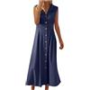 Generic Abiti in lino per le donne UK Summer Maxi senza maniche abito con colletto lungo casual sciolto cotone lino button down cover up vacanza elegante spiaggia tinta unita prendisole, 01 blu marino., L