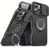 Mixroom - Custodia Cover per iPhone 16 Protezione Antiurto Militare con Supporto cellulare a stand Cavalletto ad Anello Magnetico Copertura Fotocamera Slide Scorrevole C07 Nero