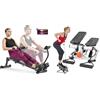 Sunny Health & Fitness Advanced Mini Home Steppers with Resistance Bands + Smart Compact Adjustable Rowing Machine, 12 Levels Adjustable Resistance