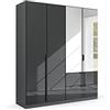 Rauch Möbel Modern by Quadra Spin Armadio con ante girevoli, grigio metallizzato/vetro basalto, nero, 4 porte, con specchio, 2 appendiabiti, 2 ripiani, 2 cassetti, 181 x 210 x 54 cm