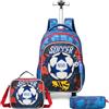 Egchescebo Zaino con Rotelle Bambini Trolley Calcio Zainetto Scuola Elementare Primaria 17" 3PCS Borsa Pranzo Portamatite Media Carrello Ruote Valigia Ragazzi Cavalcabile per Rullo Gamepad Blu
