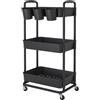 Jiuyotree - Carrello portaoggetti a 3 ripiani in plastica, carrello portaoggetti con ruote extra, tazze appendibili, manici, ruote bloccabili per soggiorno, bagno, cucina, ufficio, nero