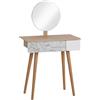 Easycomfort Toeletta Tavolo da Trucco con Specchio Circolare Ф39cm, Consolle Trucco con Cassetto con Decorazione Jungle, Bianco e Rovere, 70x39x119-128cm