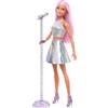 Barbie Carriere - Pop Star, bambola con top argentato e gonna irridescente, lunghi capelli rosa e scarpe viola, accessorio microfono incluso, giocattolo per bambini, 3+ anni, JCW42