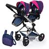 Bayer Design-26254AA Passeggino Gemellare, Carrozzina per Bambole, Regolabile in Altezza, Pieghevole con Borsa a Tracolla, Colore Blu con Unicorno e Cuori, 26254AA