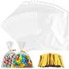 Woobroo 300 sacchetti di plastica trasparenti, 15 x 10 cm, con 300 fascette dorate, per caramelle, biscotti, regali, ideali per feste, matrimoni, negozi alimentari