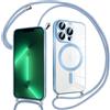 Pnakqil Magnetica Cover con Cordino per iPhone 13 Pro, Compatibile con Magsafe Ricarica Wireless, Trasparente Placcatura Disegno Custodia con Collana con Regolabile Laccio Tracolla, Blu