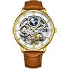 Stuhrling Original - Orologio da polso da uomo scheletro, automatico, quadrante analogico, doppio fuso orario, AM/PM Sun Moon, Oro, Cinturino