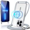 Oelrstfe Cover Magnetica Trasparente con Cordino per iPhone 13 Pro Max con Magnetico,Custodia Sottile con Laccio Collana Tracolla Regolabile Antiurto Case con Collana per iPhone 13 Pro Max-Argento
