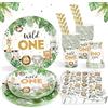 Heboland Decorazioni Compleanno 1 Anno Piatti Animali Set per 25 Ospiti, 100 Pezzi Primo Compleanno Bimbo Safari Giungla Stoviglie Wild One Feste Piatti Carta, Tazze e Tovaglioli per Bimbo Ragazzi