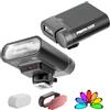 PHOTOOLEX Mini flash per fotocamere, GN16 Speedlite flash con schermo a colori per Canon Nikon Sony Panasonic Olympus Fujifilm Pentax DSLR Standard Hot Shoe Camera, batteria incorporata 2000mAh