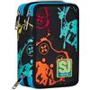 SJ Gang STYLE JAM GANG Astuccio Scuola 3 Zip, Nero, Multicolor Game, Portapenne Triplo Scomparto Completo Di Penne, Matite, Colori, Accessori Zaino, Elementari, Medie, Bambino