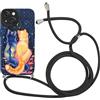 Kueqeay Custodia con Cordino per iPhone 14 6,1 Morbido TPU Bumper Cover del Modello Gatto Nero con Laccio Collana Silicone Antiurto Protettivo Case Regolabile Cellulare Girocollo, 03
